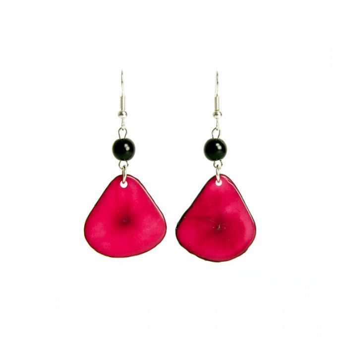 Boucles d'oreilles pétales et perles d'ivoire végétal fuchsia et noir