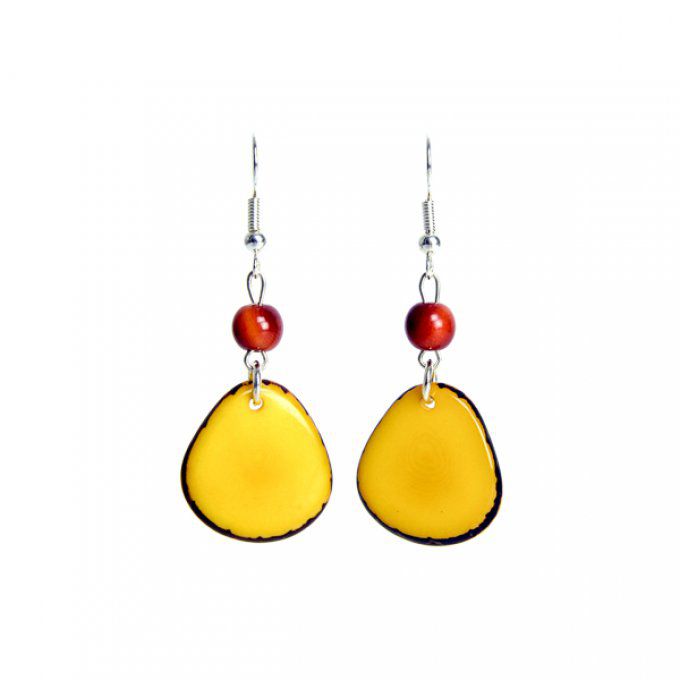 Boucles d'oreilles pétales et perles d'ivoire végétal jaune marron