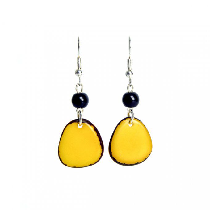 Boucles d'oreilles pétales et perles d'ivoire végétal jaune et noir