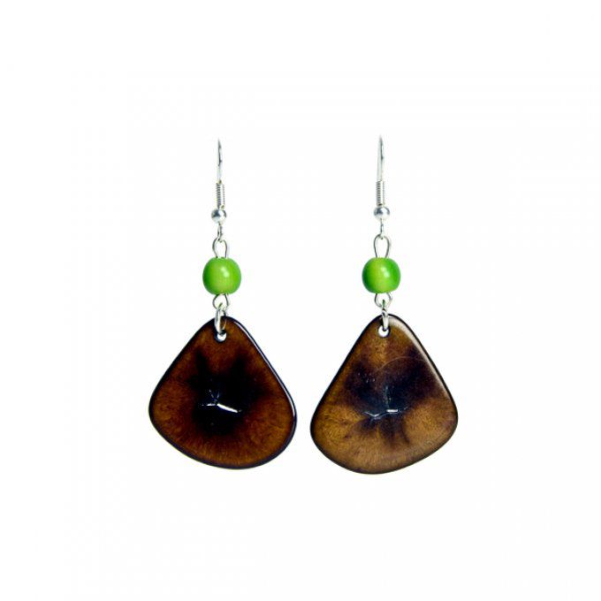 Boucles d'oreilles pétales et perles d'ivoire végétal marron et vert