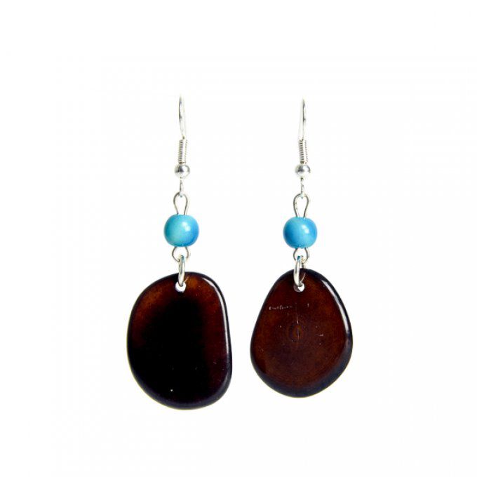 Boucles d'oreilles pétales et perles d'ivoire végétal marron et turquoise