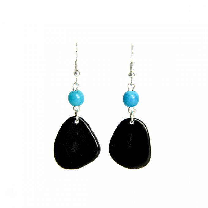 Boucles d'oreilles pétales et perles d'ivoire végétal noir et turquoise