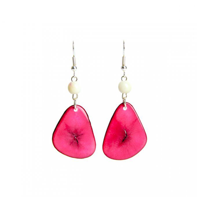 Boucles d'oreilles pétales et perles d'ivoire végétal fuchsia et blanc