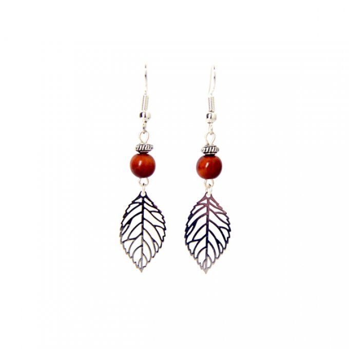 Boucles d'oreilles feuille argent et perles marron