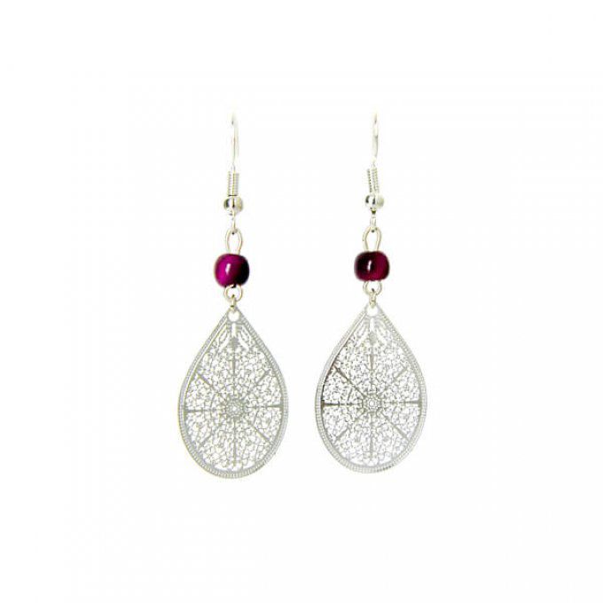 Boucles d'oreille goutte argent et perles violet