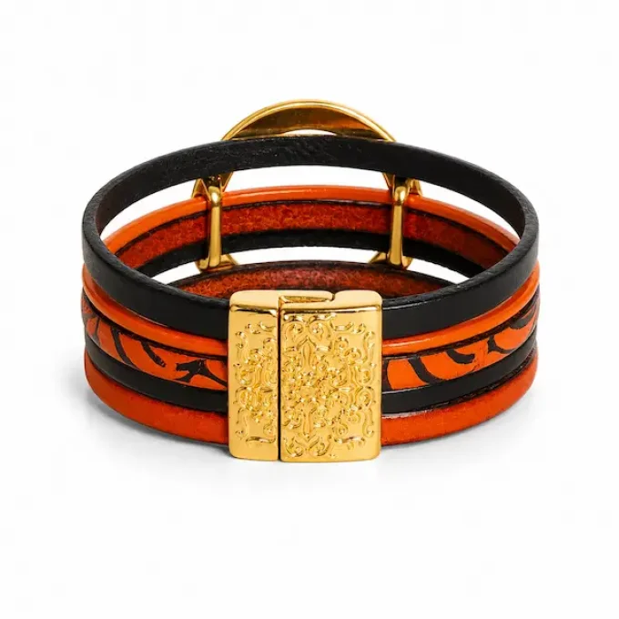 Bracelet NOMADE en cuir orange & noir