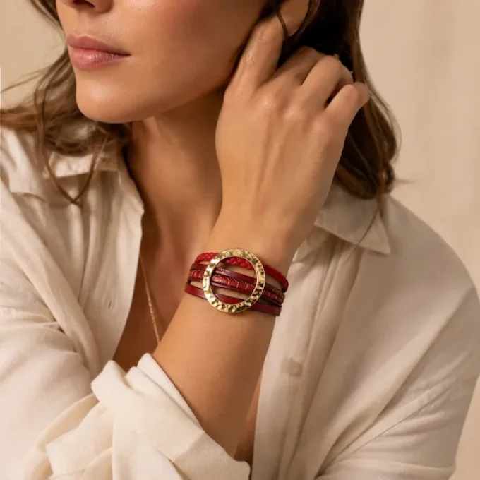 Bracelet NOMADE en cuir rouge & or