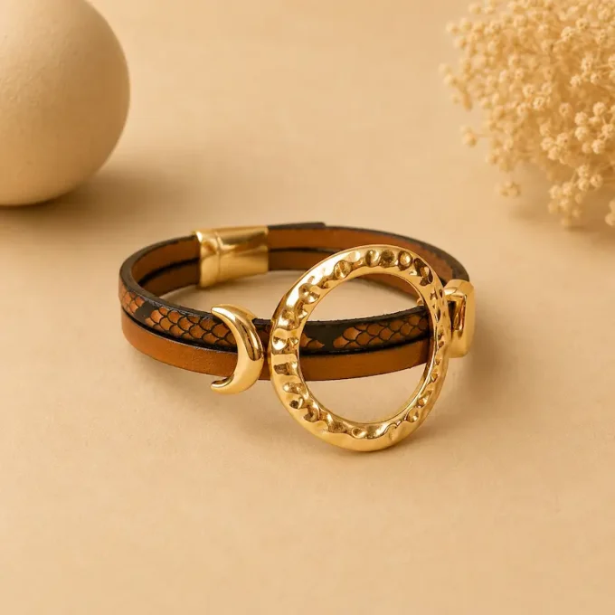 Bracelet cuir anneaux chic camel lézard