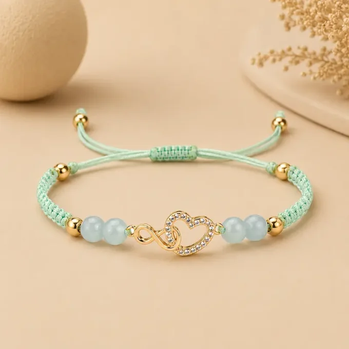 Bracelet Éternel Coeur infini tressé turquoise & aigue-marine
