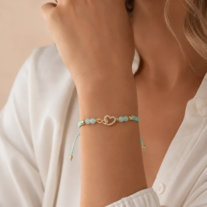 Bracelet Éternel Coeur infini tressé turquoise & aigue-marine