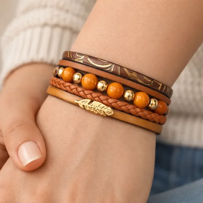 Bracelet cuir Multi-rang marron & or