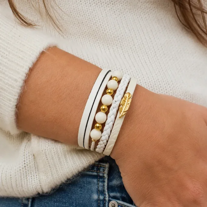Bracelet cuir Multi-rang blanc & or