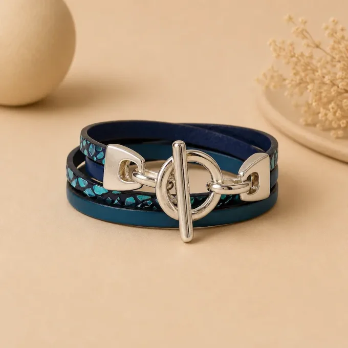 Bracelet cuir Toggle Charm bleu jean et lézard