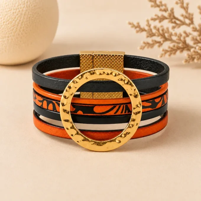 Bracelet NOMADE en cuir orange & noir