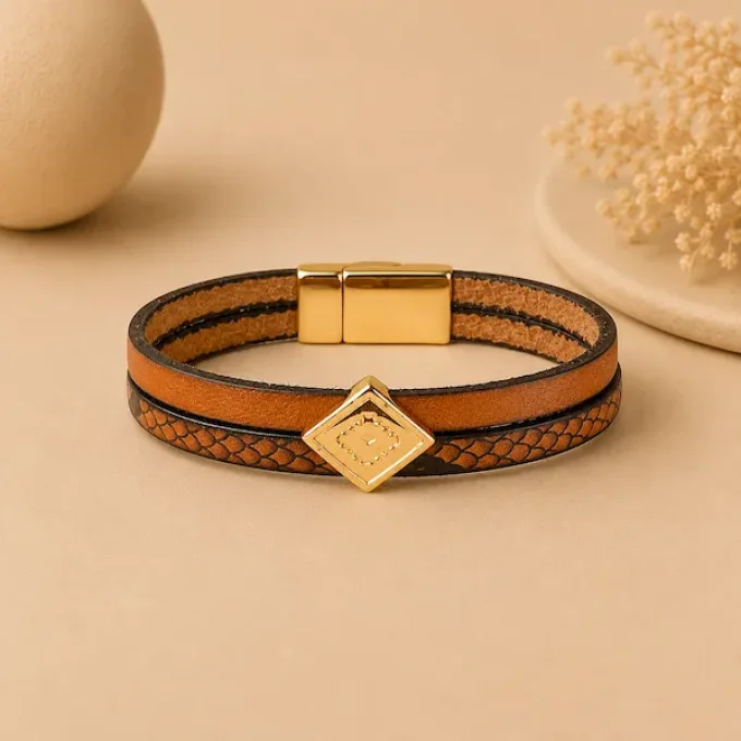 Bracelet Cuir & Charms Créatifs camel et lézard