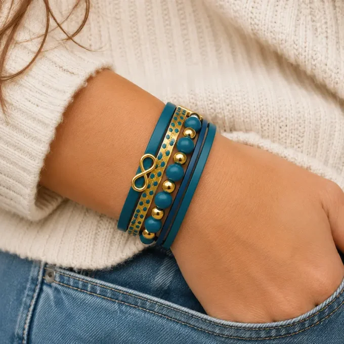 Bracelet cuir Multi-rang turquoise & or