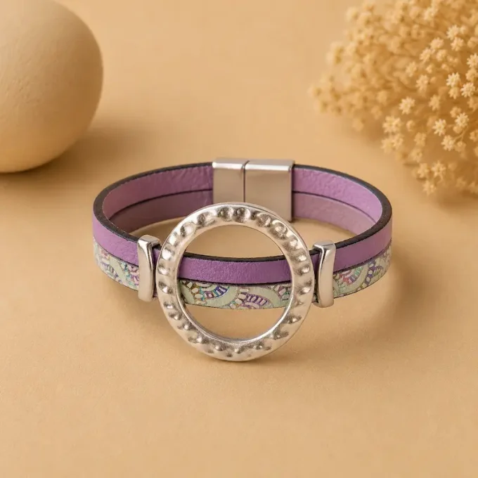 Bracelet cuir anneaux chic lilas arc-en-ciel
