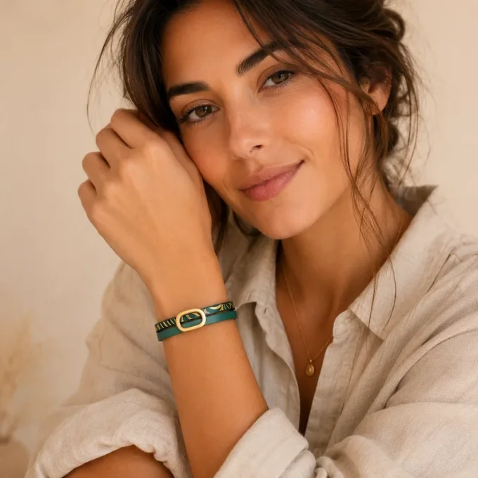 Bracelet cuir Charms Créatif bleu jean & or