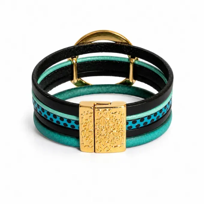 Bracelet NOMADE en cuir turquoise & noir