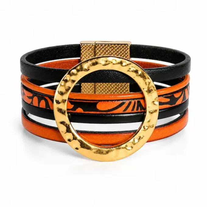 Bracelet NOMADE en cuir orange & noir