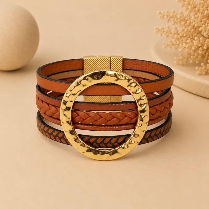 Bracelet NOMADE en cuir camel & marron