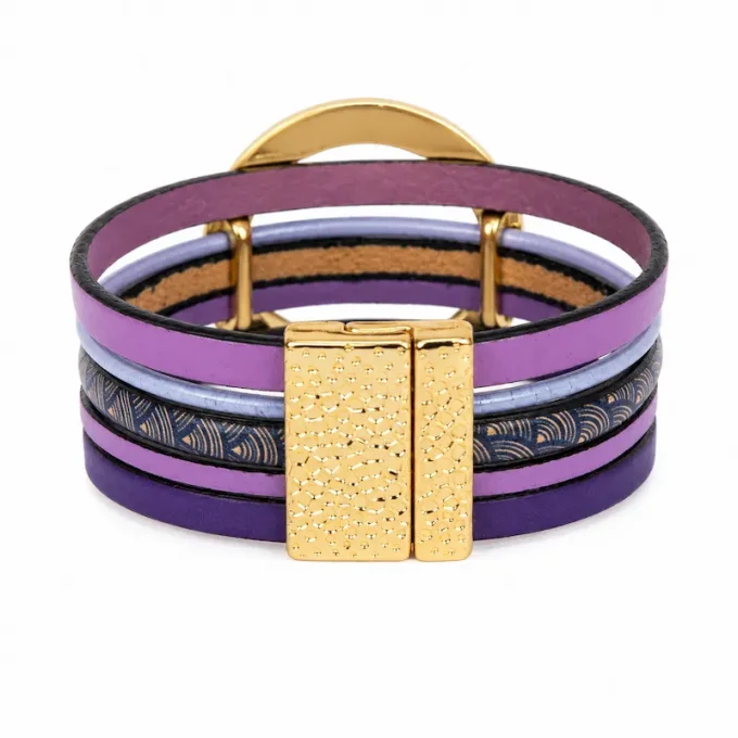 Bracelet NOMADE en cuir violet & or