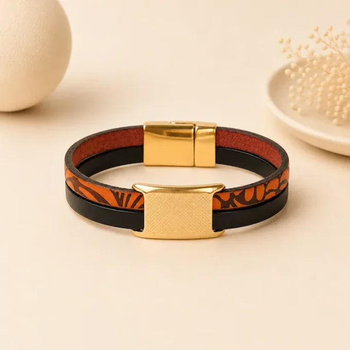Bracelet cuir Charms Créatif orange & noir