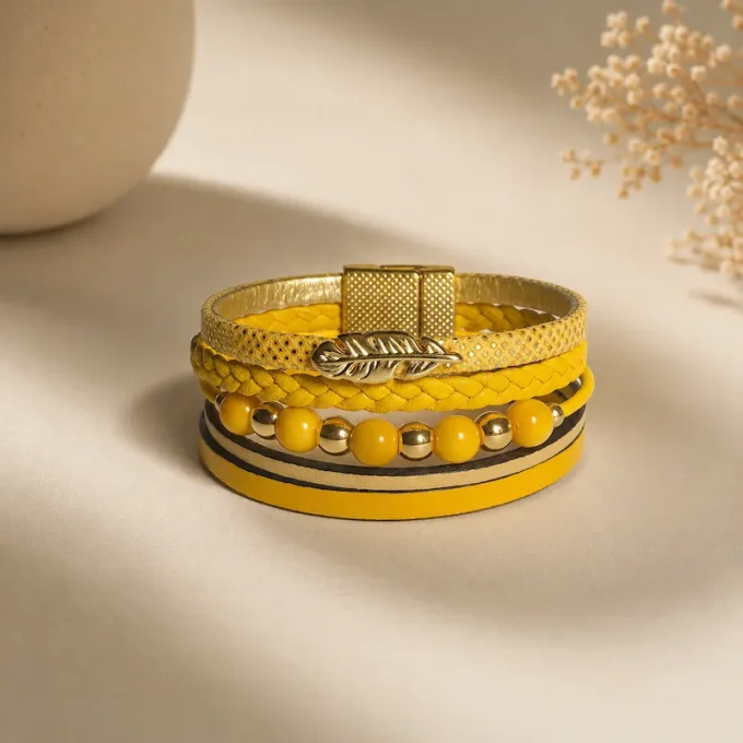 Bracelet cuir Multi-rang jaune & or
