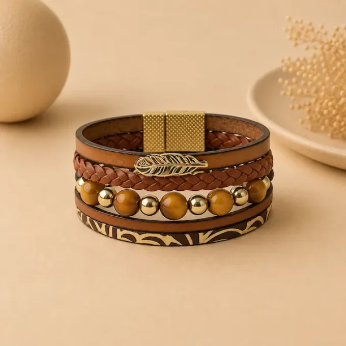 Bracelet cuir Multi-rang marron & or