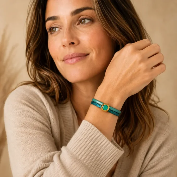 Bracelet cuir Charms Créatif turquoise & or