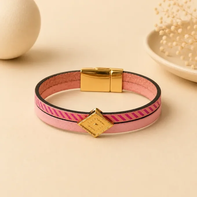 Bracelet cuir Charms Créatif rose & or