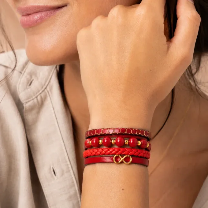 Bracelet cuir Multi-rang rouge & or