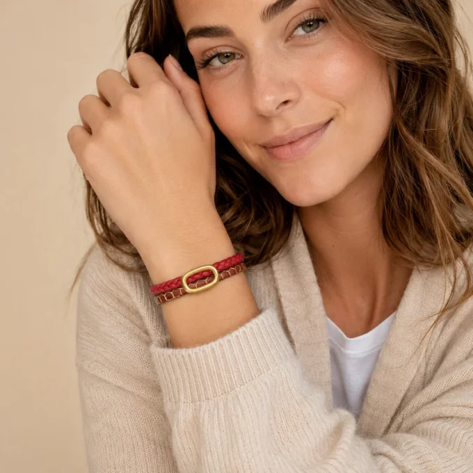 Bracelet cuir Charms Créatif rouge & or
