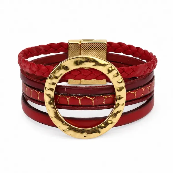 Bracelet NOMADE en cuir rouge & or