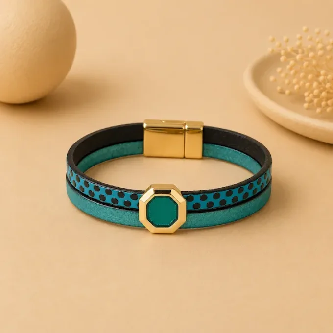 Bracelet cuir Charms Créatif turquoise & or