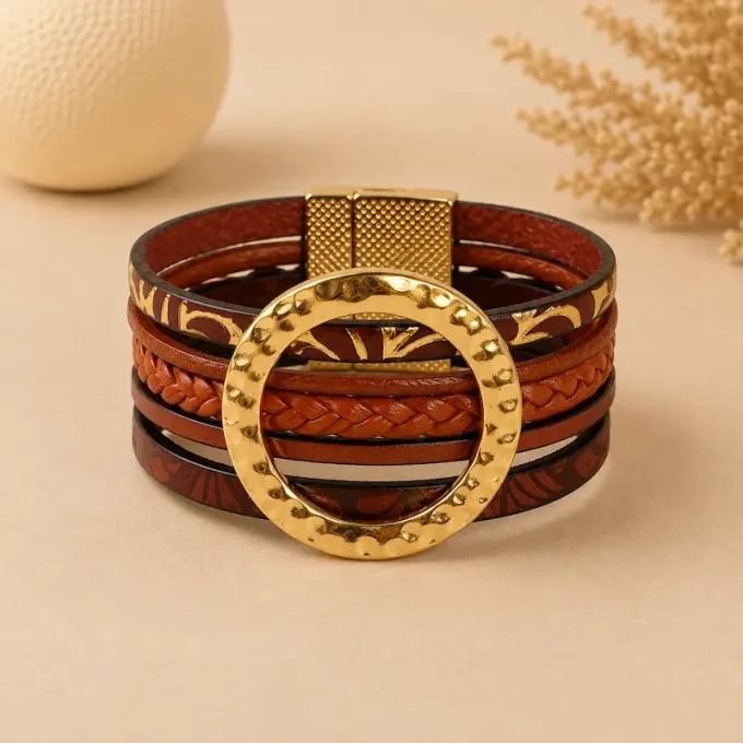 Bracelet NOMADE en cuir marron & or
