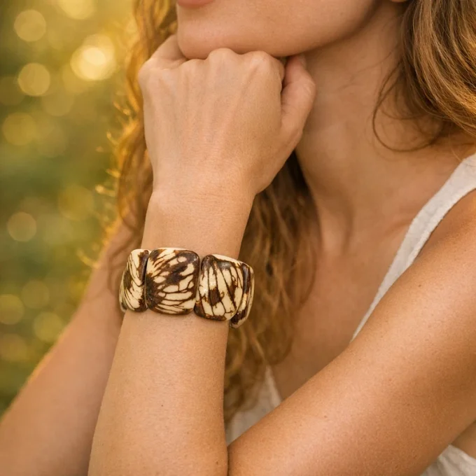 Bracelet manchette ivoire végétal naturel avec nervure