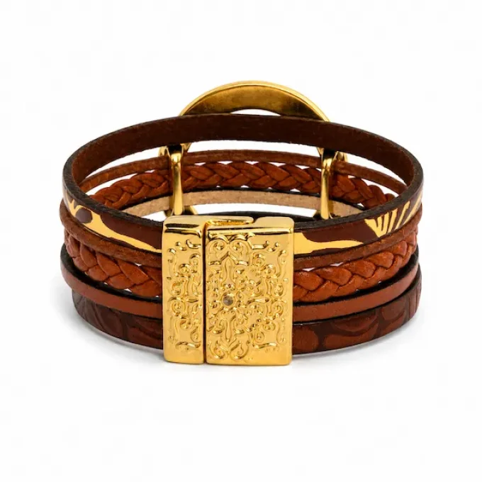 Bracelet NOMADE en cuir marron & or