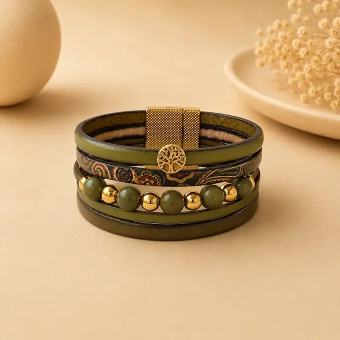 Bracelet cuir Multi-rang kaki & or