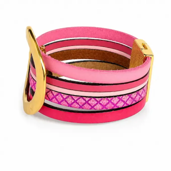 Bracelet NOMADE en cuir rose & or