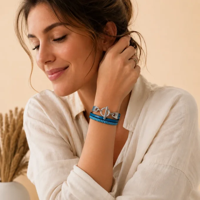 Bracelet cuir Toggle Charm bleu turquoise
