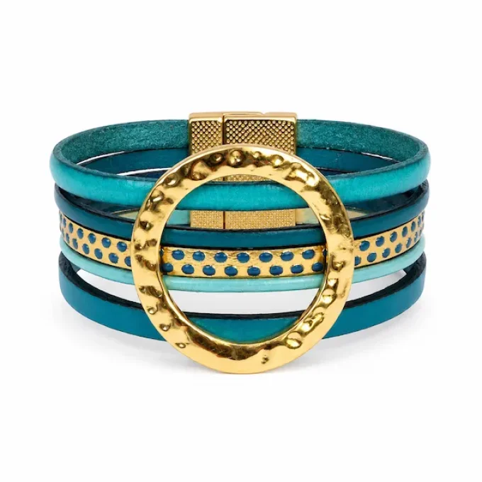 Bracelet NOMADE en cuir turquoise & or