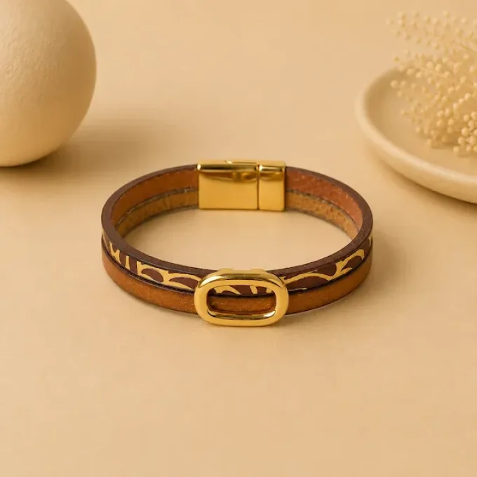 Bracelet cuir Charms Créatif marron & or