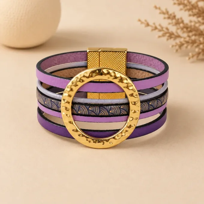 Bracelet NOMADE en cuir violet & or