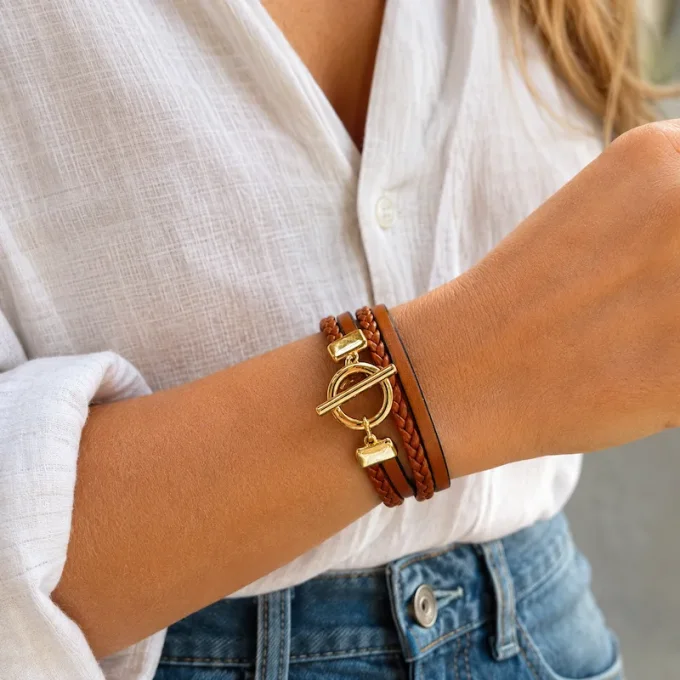 Bracelet cuir Toggle Charm or & camel