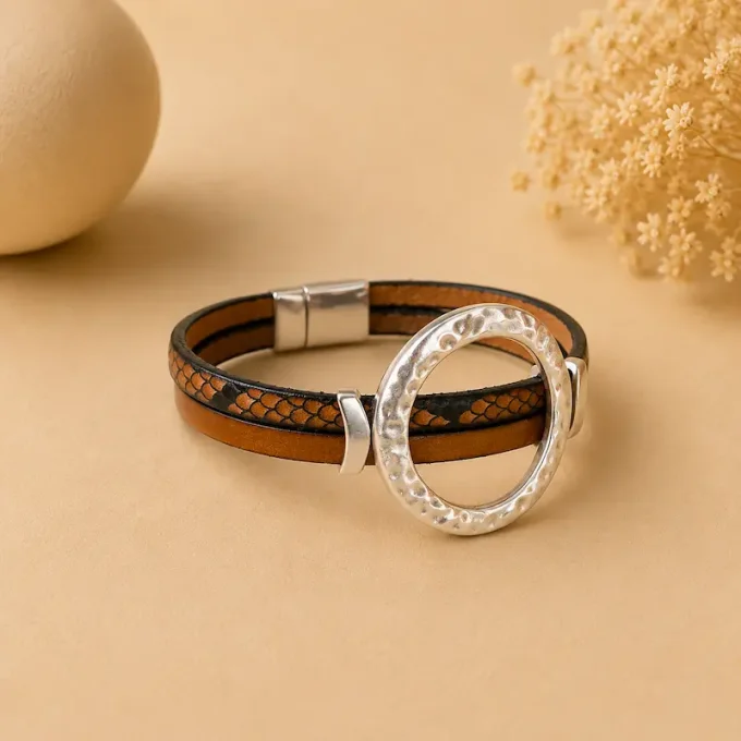 Bracelet cuir anneaux chic camel lézard