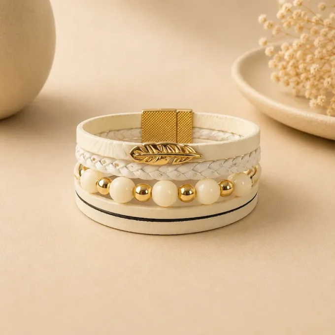 Bracelet cuir Multi-rang blanc & or