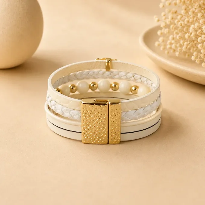 Bracelet cuir Multi-rang blanc & or