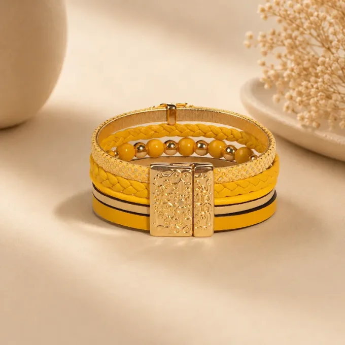 Bracelet cuir Multi-rang jaune & or