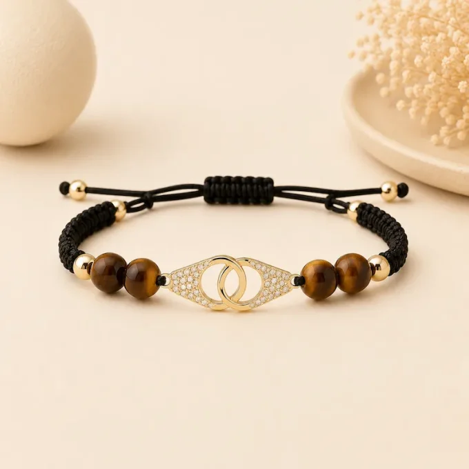 Bracelet Éternel Menottes tressé noir & oeil de tigre